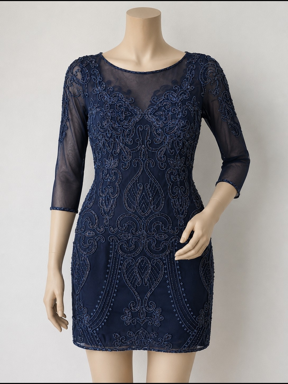 Prelude Navy Beaded Mini Dress with Sheer Three-Quarter Sleeves Size 14